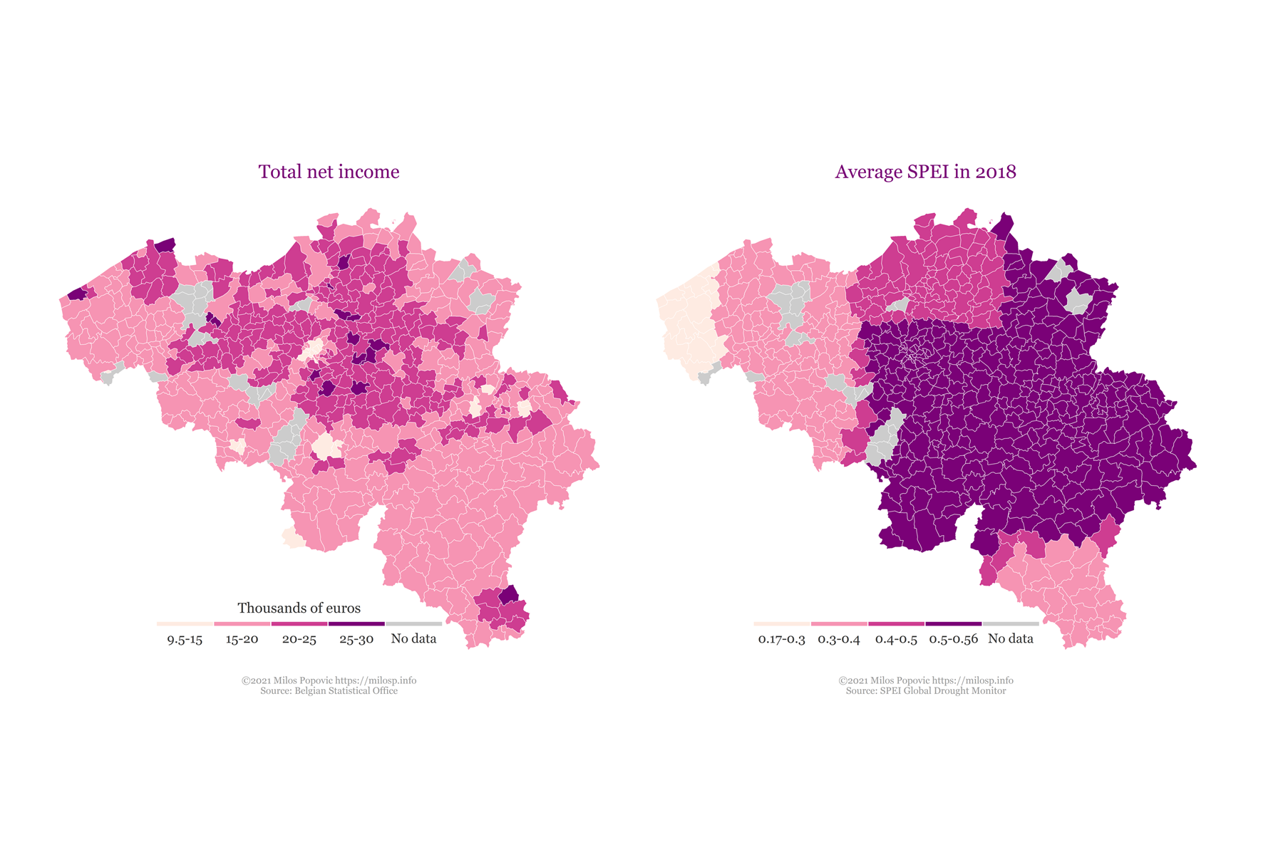 **Big picture**: Integrating and joining data is hard—it requires engineering, mathematical, and geo-statistical know-how that a large amount of environmental users and stakeholders do not possess. Some examples of the challenges implicit in making data usable include addressing the changing boundaries of French departments (and European administrative-geographic borders, in general), various projections of coordinates on satellite images of land cover, different measurement areas for public opinion and hydrological data, public finance expressed in different orders (e.g. millions versus thousands of euros). We create data that is easy to combine, map, and visualize for end users. See our case study on the severity and awareness of [flood risk in Belgium](https://greendeal.dataobservatory.eu/post/2021-04-23-belgium-flood-insurance/), as well as the financial capacity to manage it.
